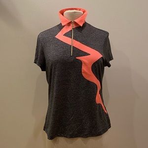 Vintage Jamie Sadock Womens Grey Black w Coral Pattern 1/4 Zip Short Sleeve / M